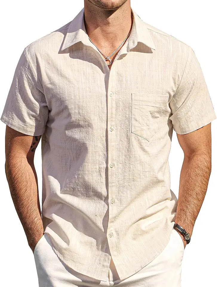 Men's Beige Camp Collar Short Sleeve Linen Shirt