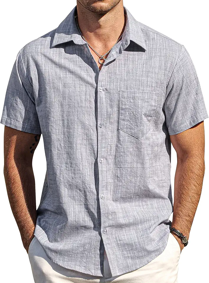 AOTIK Mens Cotton Linen Textured Shirt Button Down Short Sleeve Shirt