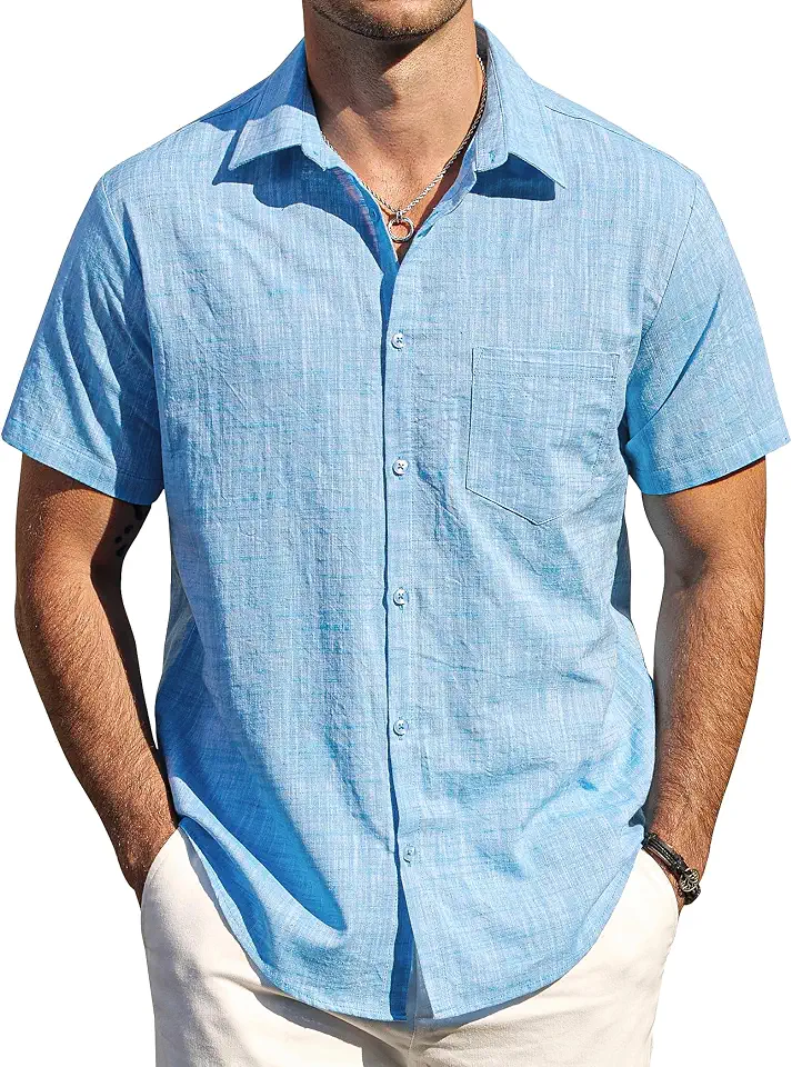 AOTIK Mens Cotton Linen Textured Shirt Button Down Short Sleeve Shirt
