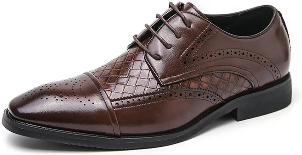 Men's Leather Pointed Toe Brogue Oxfords Classic Comfortable Lightweight Lace-Up Wingtip Chunky Block Heel Non Slip Business Dress Shoes for Office Wedding Work