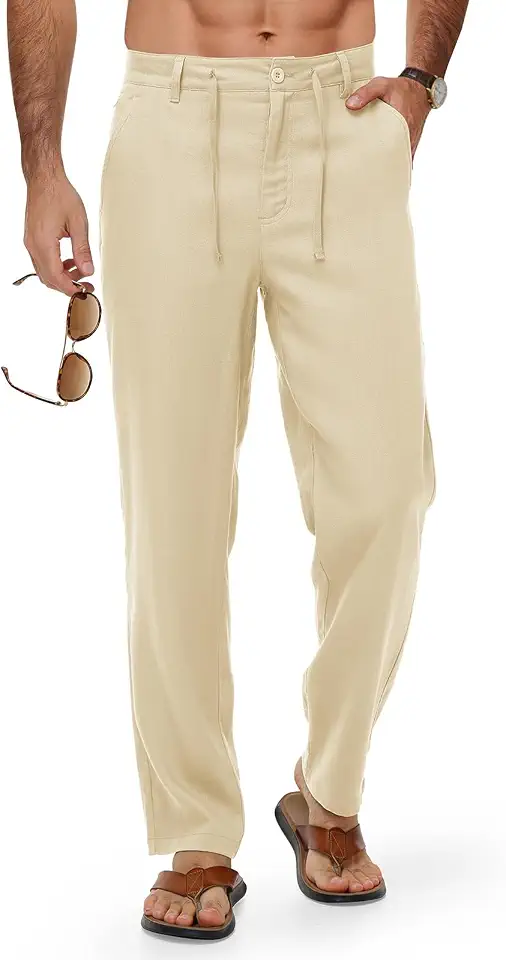 TBMPOY Men's Linen Pants Casual Travel 5 Pockets Lightweight Breathable Dress Pants Summer Beach Work Trousers