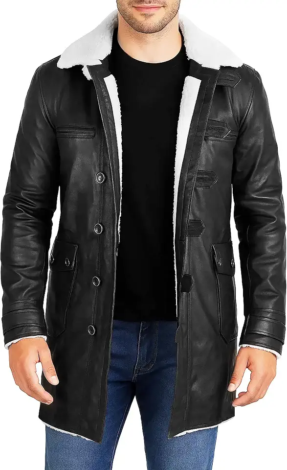 Mens Long Faux Fur Shearling Pea Coat Brown Sheepskin Leather Jacket