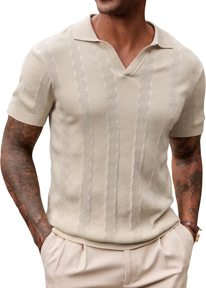 Herberton Mens Knit Sweater Polo Lyocell Crochet Textured Casual Johnny Collar Shirts (S-XXL)