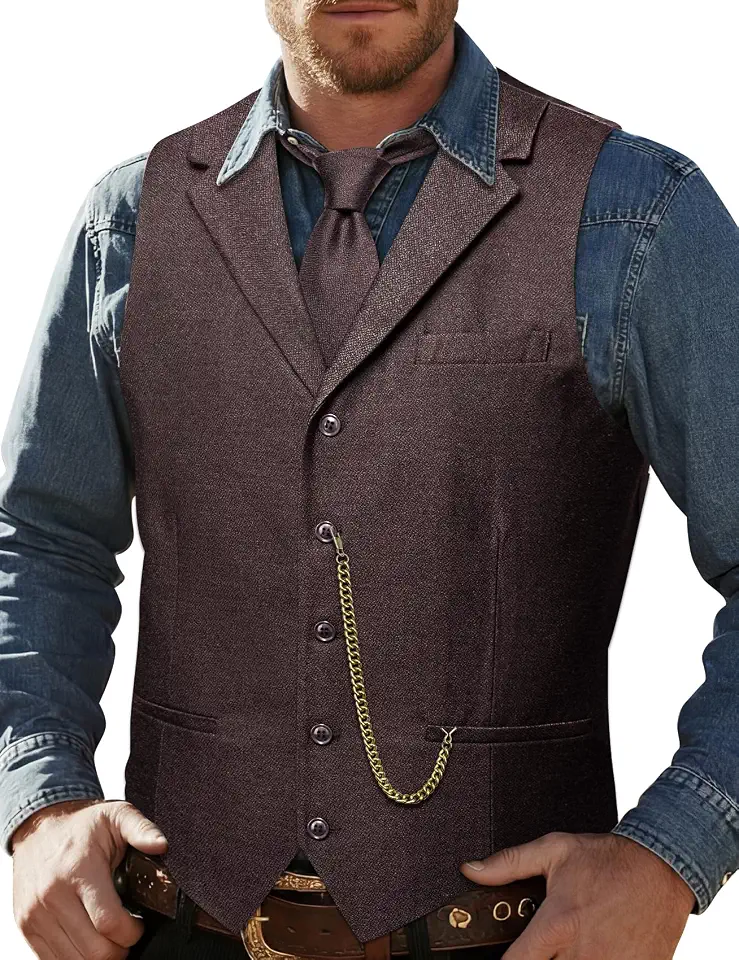 Barry.Wang Men's Tweed Vest Tie Suit Western Cowboy 3PC Waistcoat Wedding