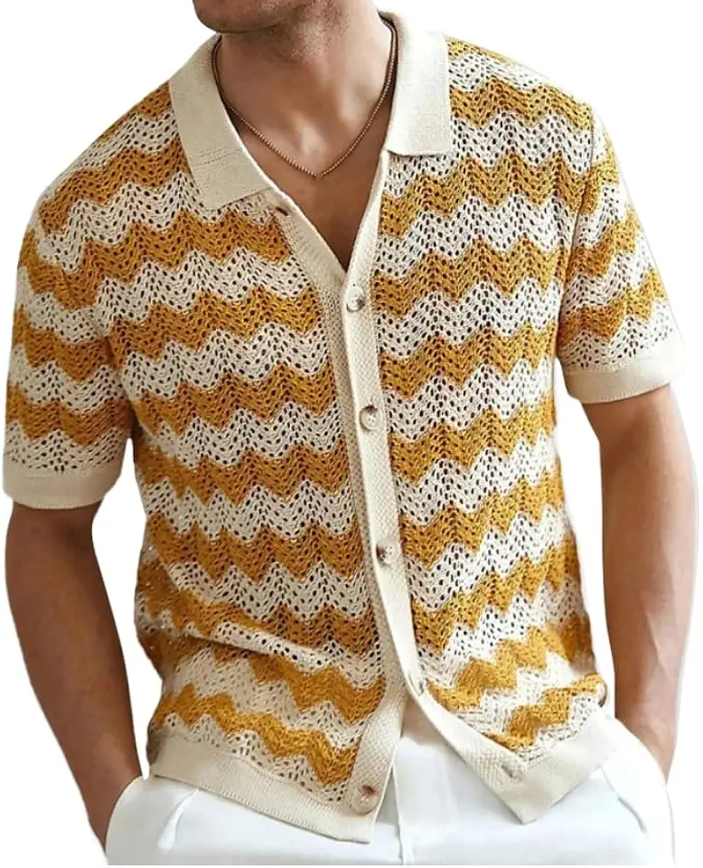 Men's Striped Crochet Shirts Button Down Short Sleeve Shirt Fashion Casual Knit Cardigan Summer Beach Shirt