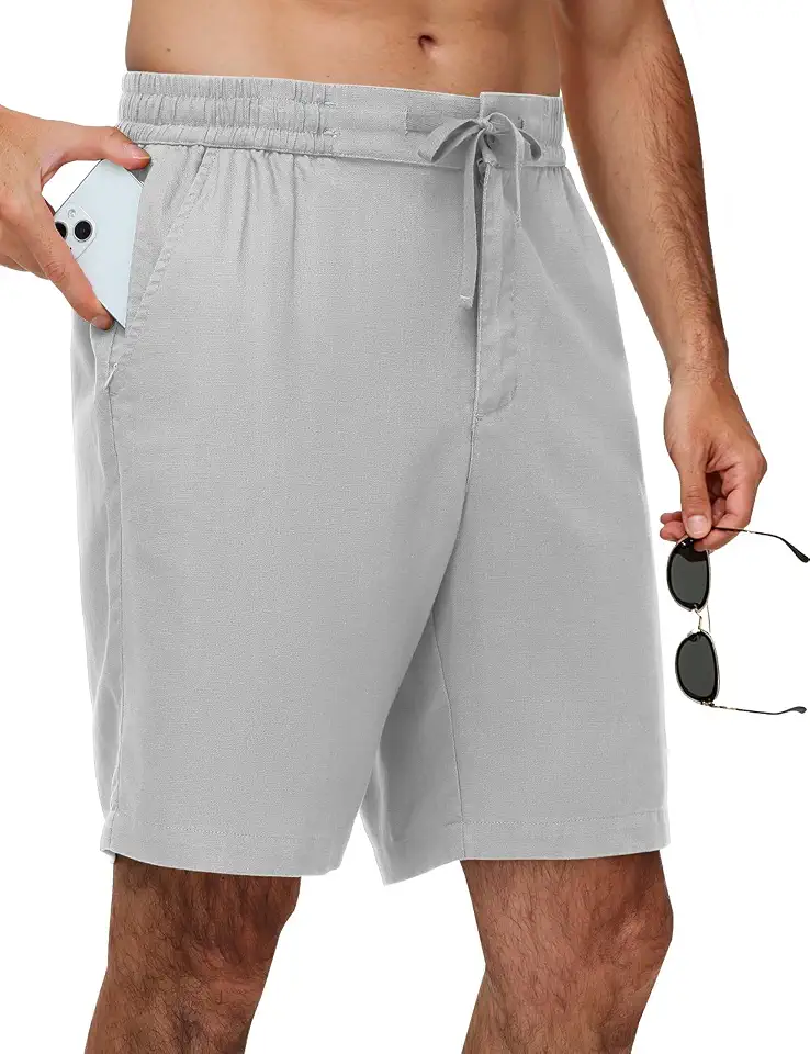 Rdruko Men's Casual Shorts, 9" Linen Zipper Pocket Shorts Elastic Waist Drawstring Breathable for Summer Vacation Lounge
