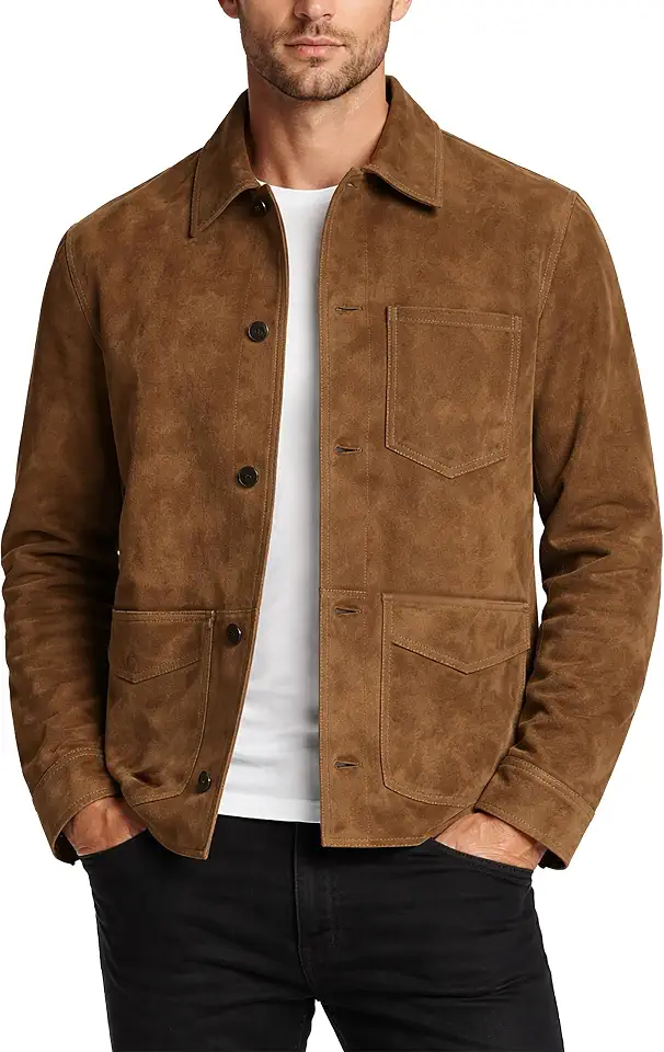 LP-FACON Mens Classic Suede Leather Jacket Shirt Style - Western Trucker Casual Cowboy Suede Leather Jacket