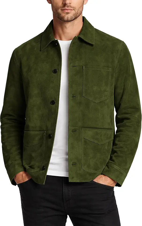 LP-FACON Mens Classic Suede Leather Jacket Shirt Style - Western Trucker Casual Cowboy Suede Leather Jacket