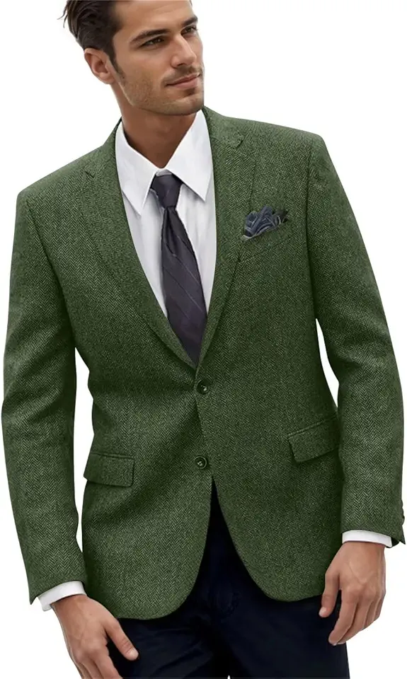 Herringbone Retro Mens Suit Jackets Tweed Slim Fit Sport Coats Prom Business Blazer Casual Men Tux Jacket Wedding Blazers