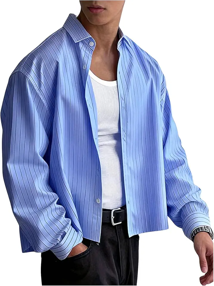 GORGLITTER Men's Cropped Shirts Button Up Striped Long Sleeve Oversized Top