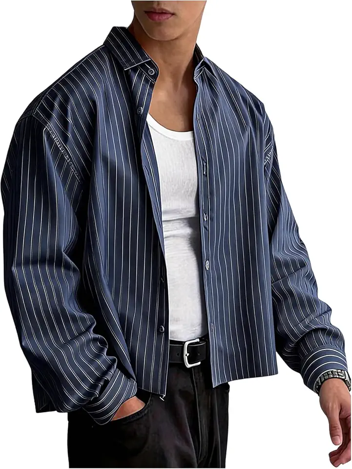 GORGLITTER Men's Cropped Shirts Button Up Striped Long Sleeve Oversized Top