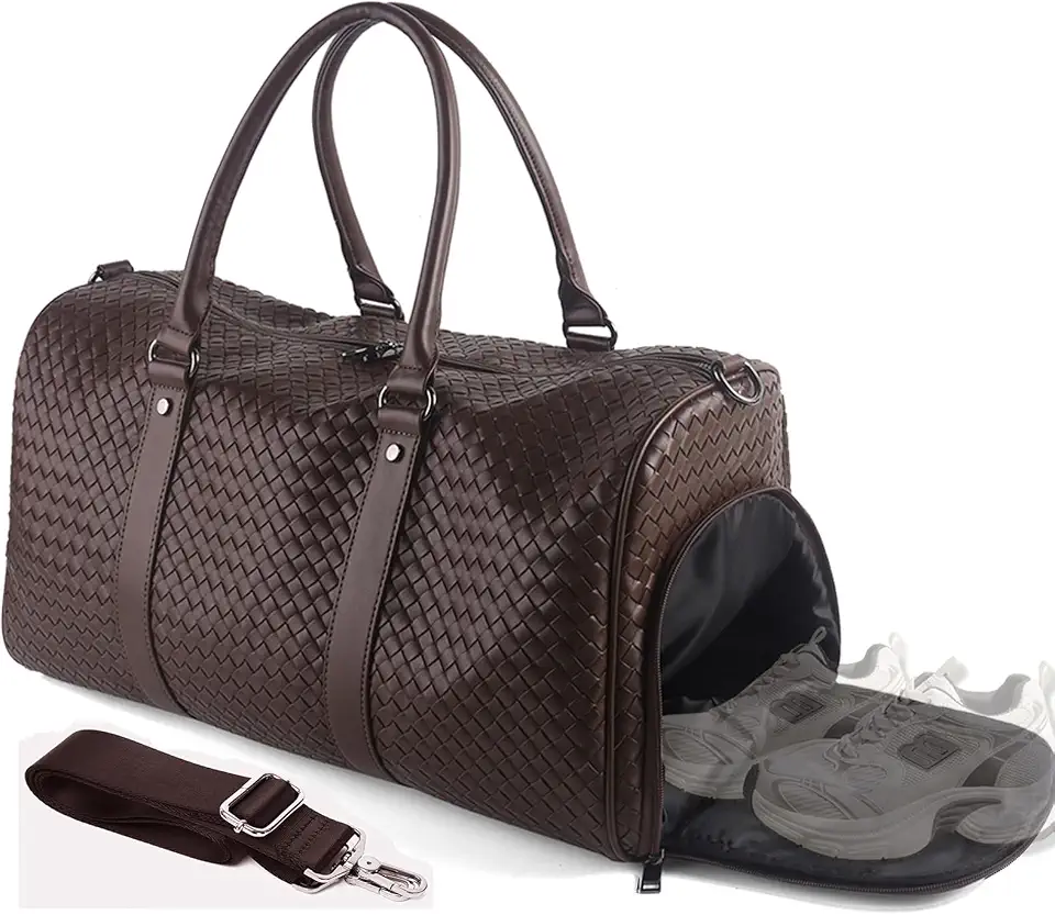 Weekender Bag for Women Men Water-resistant Gym Tote, Leather Woven Travel Duffel Bags with Shoe Compartment
