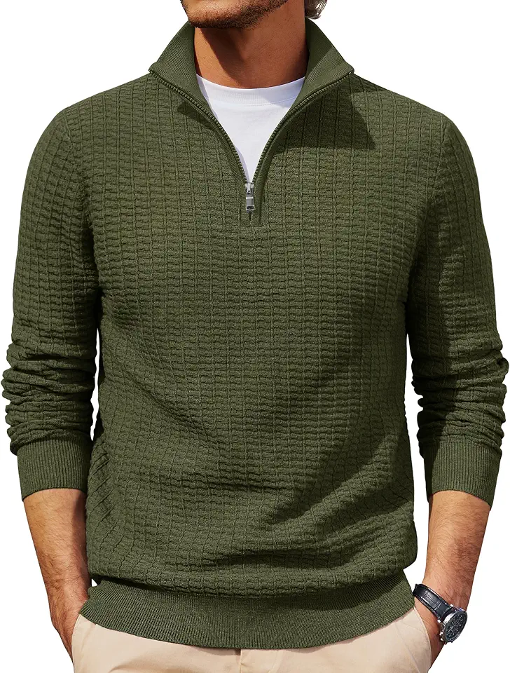 Cotrasen Mens Quarter Zip Pullover 1/4 Zip Mock Neck Knitted Textured