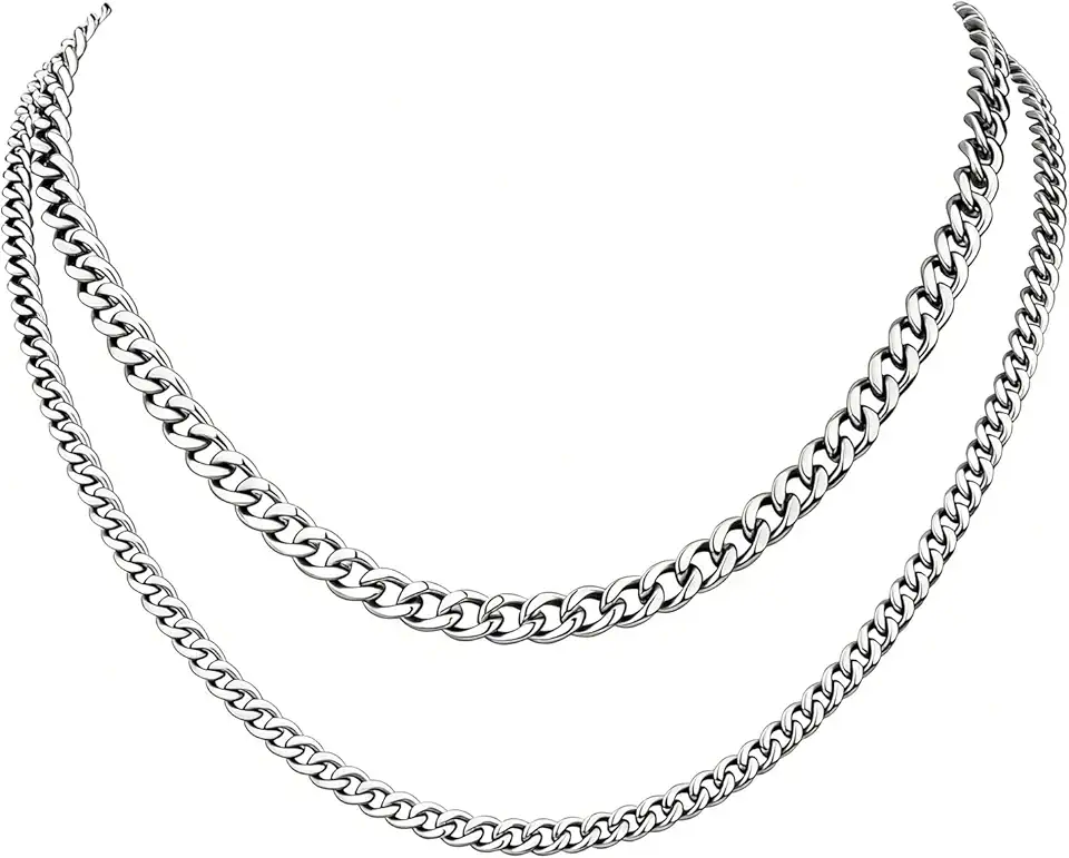 2PCS Cuban Link Chain Set for Men - Gold/Silver Plated Stainless Steel Layered Chain Necklace Non-Tarnish Jewelry Gift