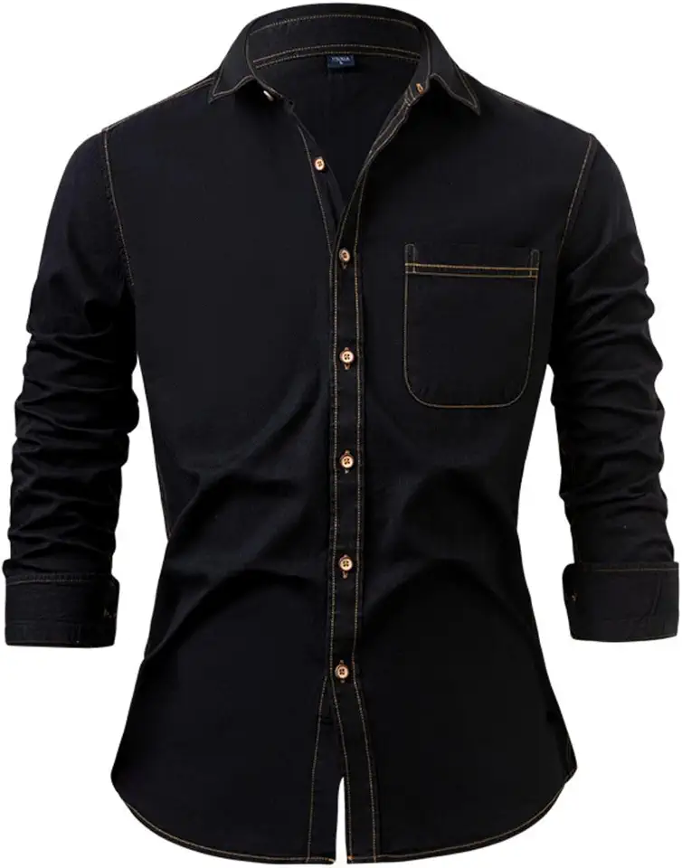 Kinkia Mens Denim Shirt Long Sleeve Regular Fit Jean Shirts Casual Button Down Work Shirts with Pocket