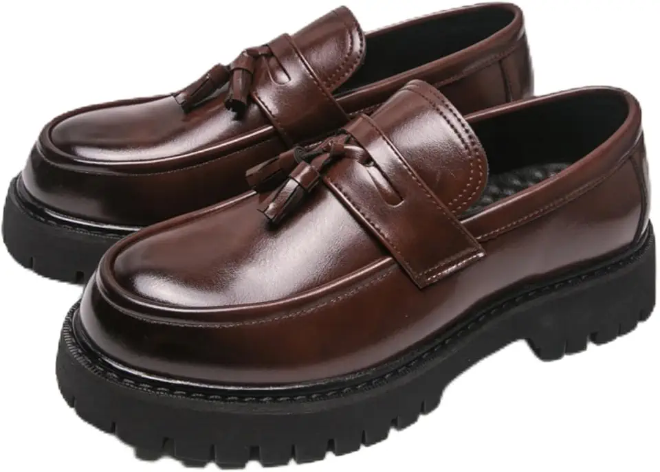 Mens Leather Slip-On Platform Dress Tassels Loafers Non-Slip Low Top Round Toe Chunky Penny Shoes for Business Casual Dress Prom Party
