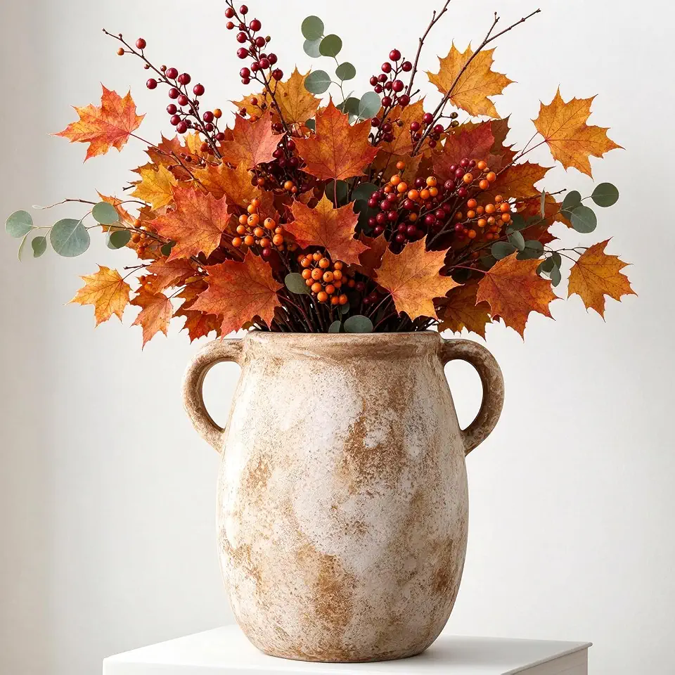 Ceramic Flower Vase with Handles, 7.9in Farmhouse Table Rustic Vases, Waterproof Pottery Clay, Flower Terracotta Vases for Home Decor, Living Room,Table, Handcrafted (Terracotta)