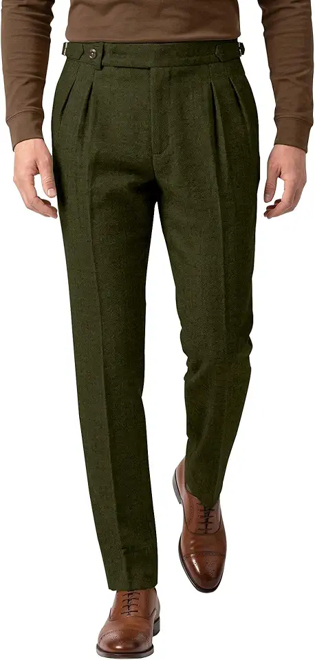 Mens Tweed Pants Retro Dress Pants Herringbone Pleat Front Plaid Trousers | Mens Retro British Dress Pants Classic Slim Fit Herringbone Pants for Men Pleat Front Business Plaid Trousers