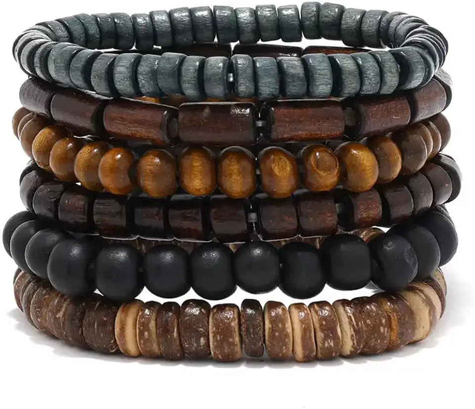 Boho Wood Beaded Bracelet Set for Men Women, Multilayer Stackable Vintage Tribal Wooden Stretch Bracelets, Natural Wood Bead Jewelry for Casual Party Gifts