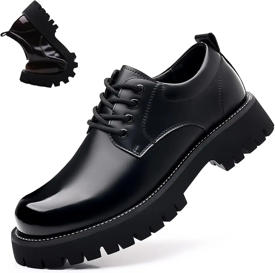 Men's Fashion Leather Chunky Heel Platform Oxfords Classic Round Toe Lace Up Lug Sole Derby Dress Shoes Daily Business Work Office Casuals
