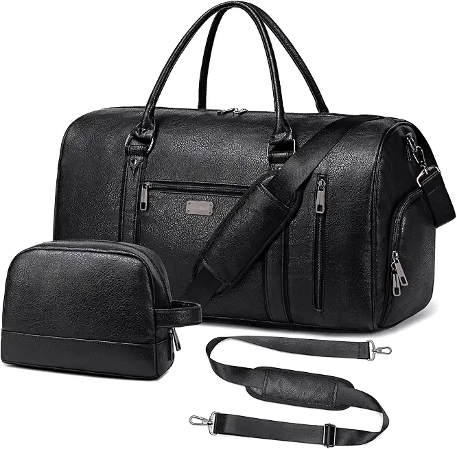 Large Travel Duffel Bag for Women Men, Faux Leather Weekender Overnight Bag with Shoe Compartment, Waterproof Carry On Bag with Toiletry Bag, Travel Tote Bag Gym Bag (Black)