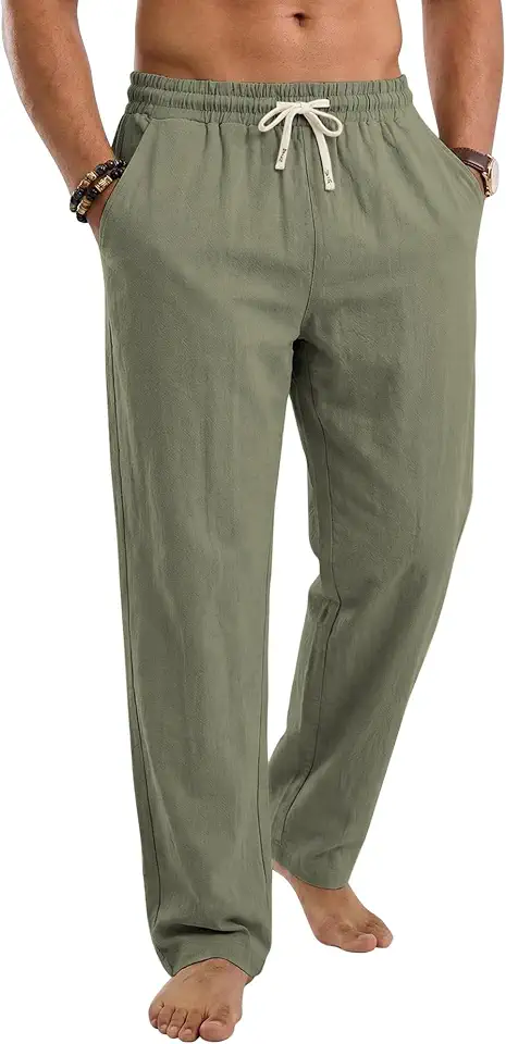 Men's Linen Pants Lightweight Drawstring Elastic Waist Pockets Loose Fit Straight Legs Summer Beach Yoga