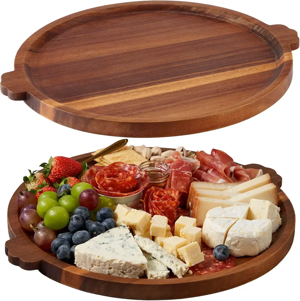 Charcuterie Board 13'' Wood Serving Platter Round Ottoman Coffee Table Tray
