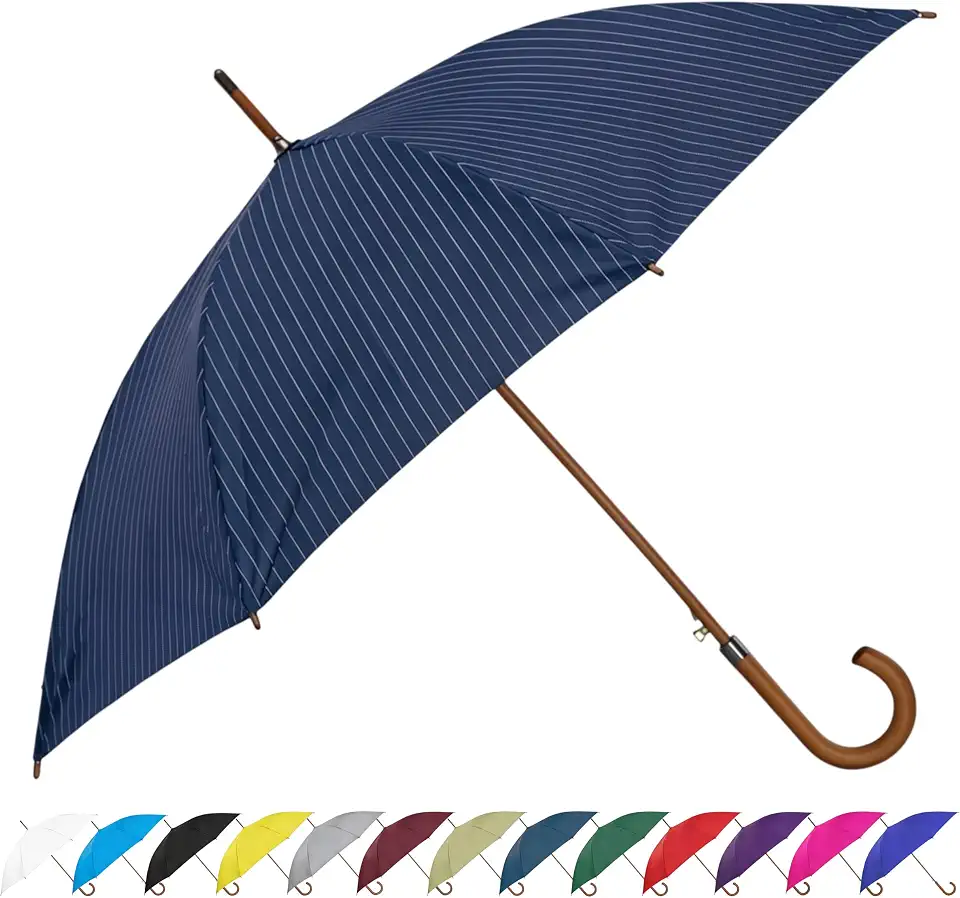 SoulRain 48" Large Umbrella –Windproof Stick Umbrellas for Rain, Automatic Open, Vintage Cane Navy Blue big Umbrella with Classic Wooden Handle,Open for 2 Persons adult,for Women & Men(Blue Stripes)
