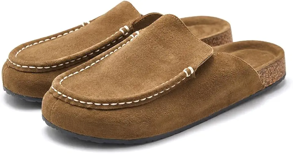 Men's Genuine Leather Mule Clogs, Cork Footbed Slide Sandals Slippers