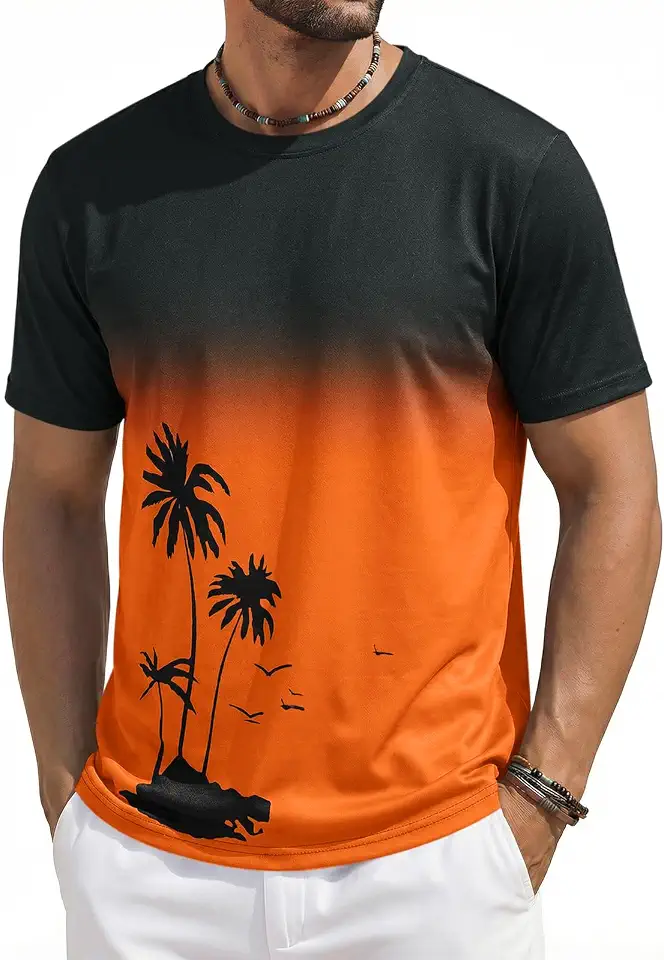 Runcati Mens Short Sleeve T-Shirts Casual Graphic Gradient Printed Tee Crewneck Summer Beach Hawaiian Vintage Shirts