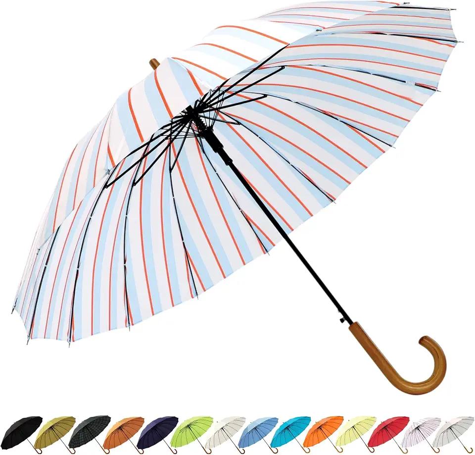SoulRain 16 Ribs 48" Stick Umbrella Auto Open Solid Color Fashionable and Simple,Arc Classic Wood Handle,Windproof Unbreakable Stick Rain Umbrella