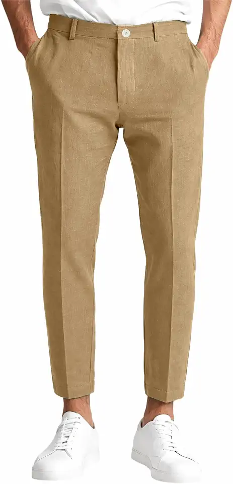 Mens Linen Cotton Dress Pants Elastic Waist Stretch Slim Fit Lightweight Trousers