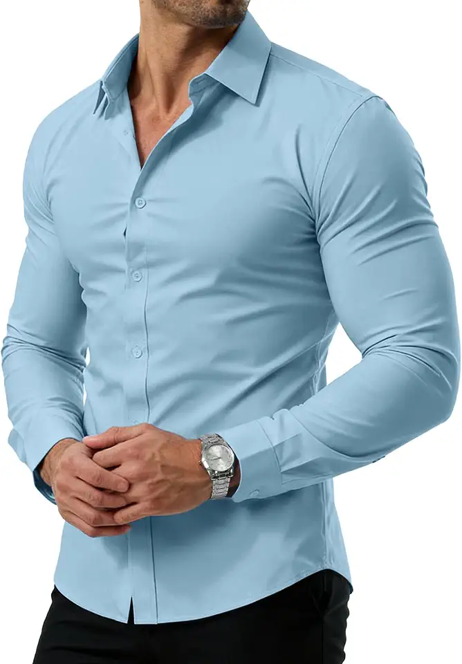 PLEPAN Men's Dress Shirt Slim Fit Stretch Stain Shield Wrinkle Free Shirts