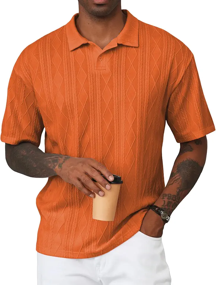 Men's Regular Fit Orange Short Sleeve Button Down Knit Polo Shirt