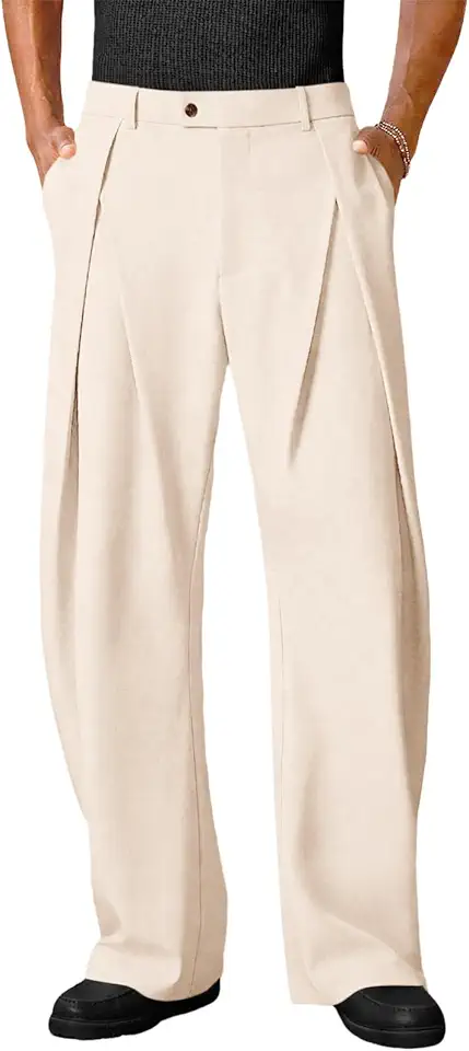 Runcati Mens Baggy Wide Leg Dress Pants Pleated Zipper Fly Casual Elastic Waist Trousers Relaxed Fit Work Business Slacks