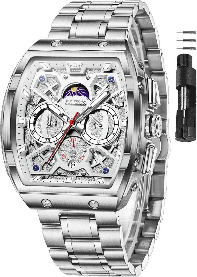 OLEVS Men's Watch Luxury Durable Stainless Steel 3ATM Waterproof Tonneau Watch with Moon Phase,Analog Quartz Chronograph Watches for Men Fashion Mens Watches Relojes para Hombres - Ideal Gift for Him