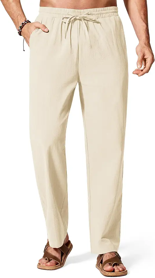 COOFANDY Men's Cotton Linen Pants Lightweight Casual Linen Dress Pants Drawstring Summer Beach Trousers