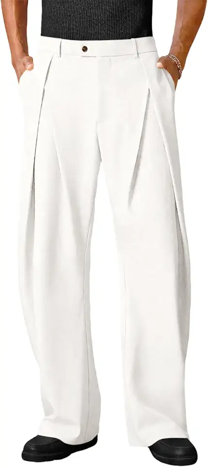 Runcati Mens Baggy Wide Leg Dress Pants Pleated Zipper Fly Casual Elastic Waist Trousers Relaxed Fit Work Business Slacks