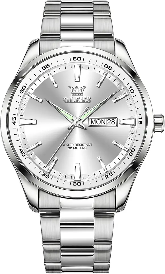 OLEVS Watches for Men, Casual Waterproof Stainless Steel Watch for Mens, Fashion Men Quart Watches with Date, White/Black/Blue/Gold/Green Dial