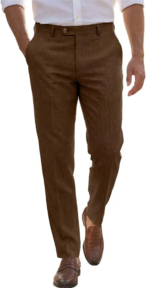 Wehilion Linen Suit Pant for Men Dress Summer Flat Front Long Trousers