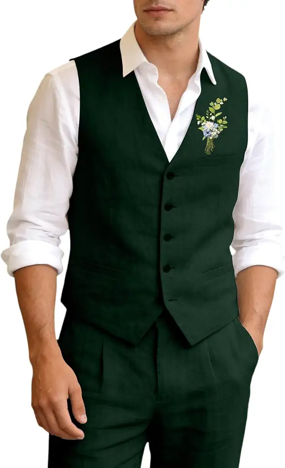Global Recycled Standard Men's Linen Suit for Men 2 Piece Slim Fit Linen Vest and Pants Set