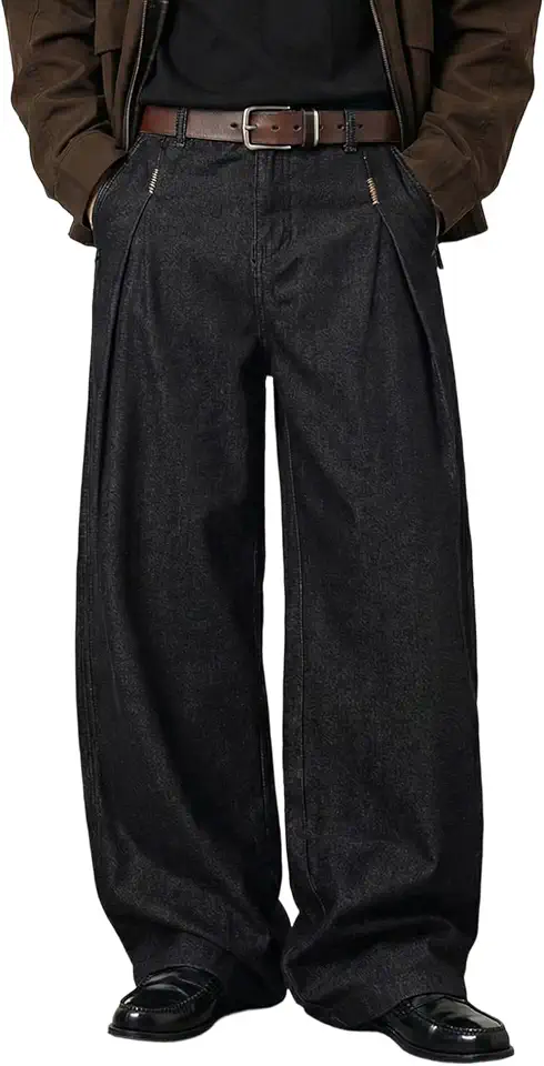 Men's Baggy Wide Leg Jeans Premium Black Raw Denim Streetwear Loose Fit Straight Casual Pants with Pleat Details