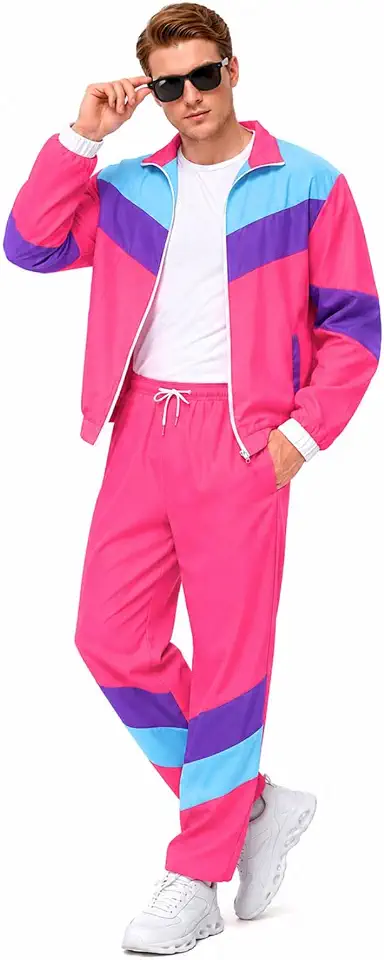 80s Outfit for Men, Retro Neon Tracksuit Jacket and Pants Set