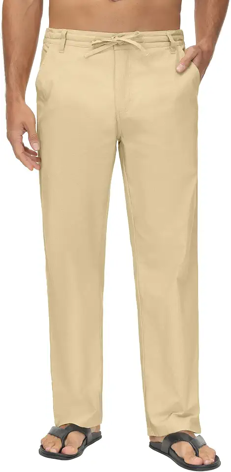 Boisouey Mens Casual Linen Pants Loose Fit Elastic Waist Drawstring Beach Summer Yoga Trousers