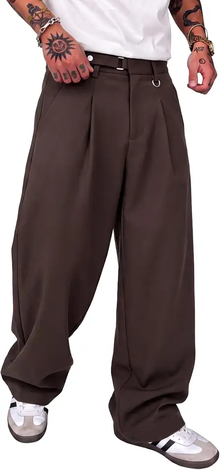Men's Pleated Wide Leg Dress Pants, Baggy Slacks with Elastic Back Waist