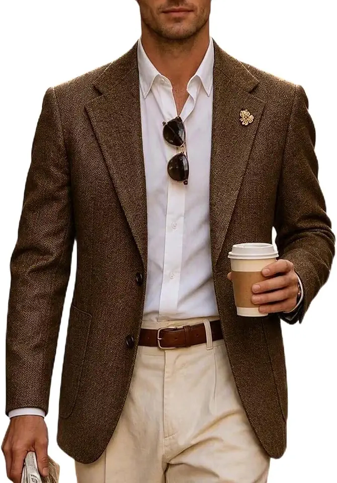 Global Recycled Standard Retro Men's Tweed Herringbone Slim Blazer Suit Jacket Casual