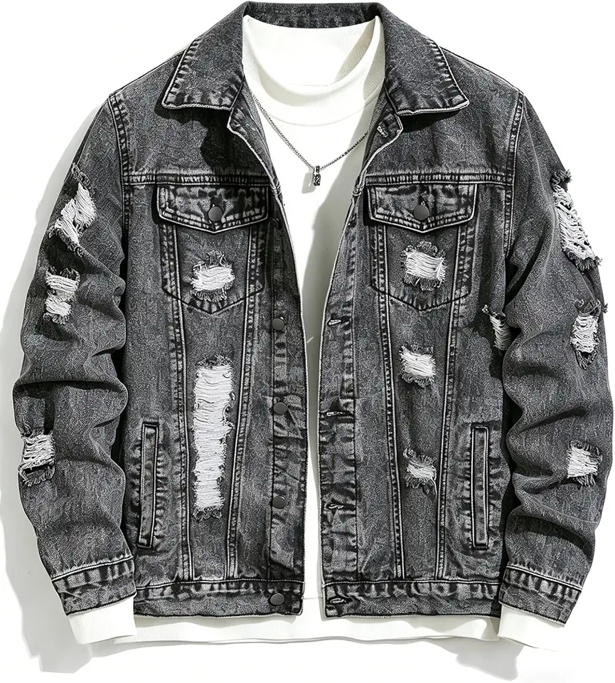 Men's Denim Jacket Patchwork Fringe Jacket Slim Jean Jacket Streetwear Coat