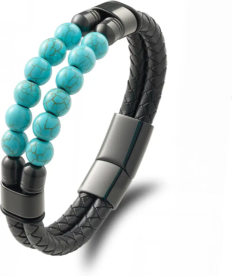 Black Braided Leather Bracelet for Men with Turquoise, Lapis Lazuli, Tiger Eye, Obsidian Stone Double-Row Wristband Beads with Stainless Steel Clasp Fashion Jewelry Gift for Him