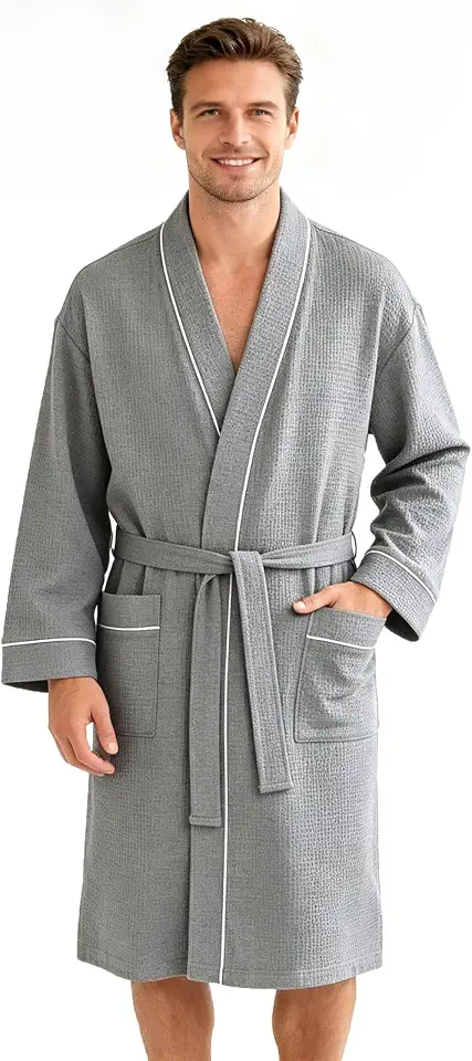 OEKO-TEX STANDARD 100 Inner Wish men's Cotton Waffle Kimono Robe, Lightweight Soft Spa Shower Bathrobe, Hotel Lounge Robes for Men