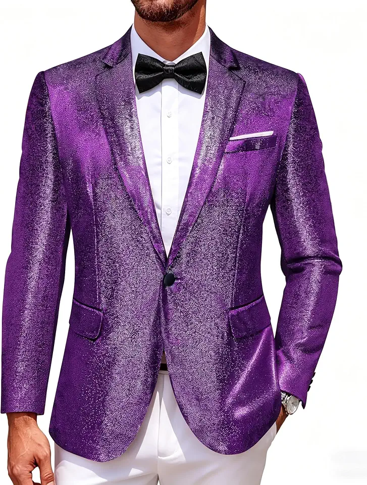 Barry.Wang Men’s Shiny Blazer Velvet Notch Lapel Regular Suit Jacket